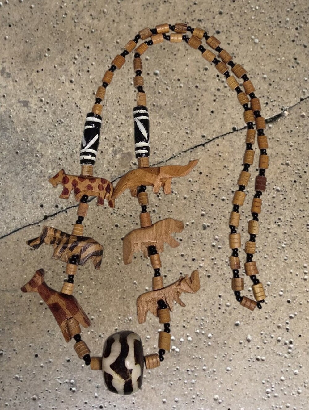 Vintage African Safari Carved Wood & Bone Necklace